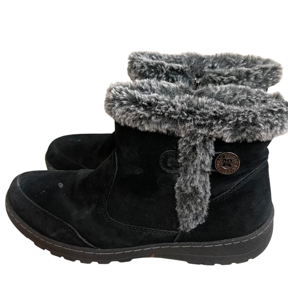 Khombu  Womens Black Suede Ankle Boots Faux Fur Trim Button Accent Size 10